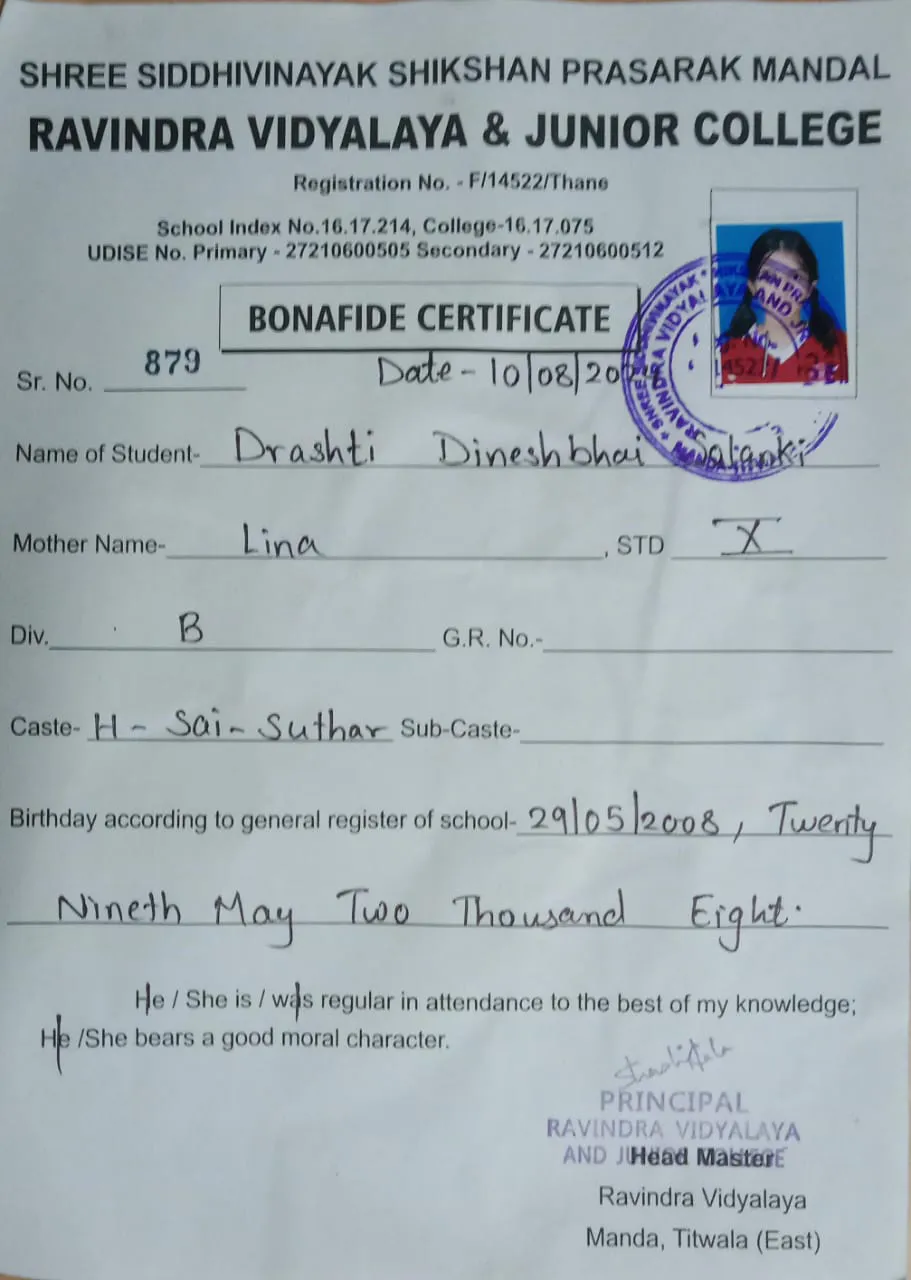 bonofied certificate of drashti